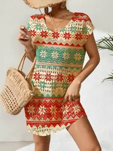 Elegant Women's Vintage Fair Isle Snowflake Stripe Print Round Neck Sweater Dress, Spring Summer Casual Short Sleeve Knitdress