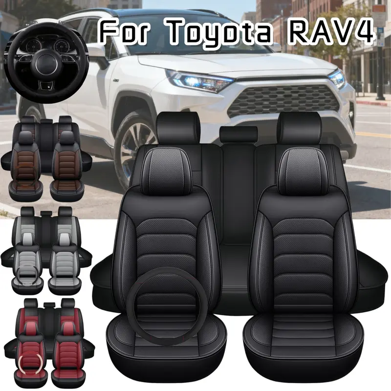 For Toyota RAV4 2006-2024 2025 2026 4 Doors 2 Row Car 5 Seat Covers with Steering wheel Cover & Storage Pockets Bag, Waterproof PU Leather Front Rear Cushion Protector Mat Full Set Breathable, Vehicle Interior Decoration Accessories - Christmas XMAS Gift