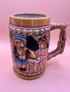 Vintage German-Style Ceramic Beer Stein – Tavern Couple Scene – Embossed Design