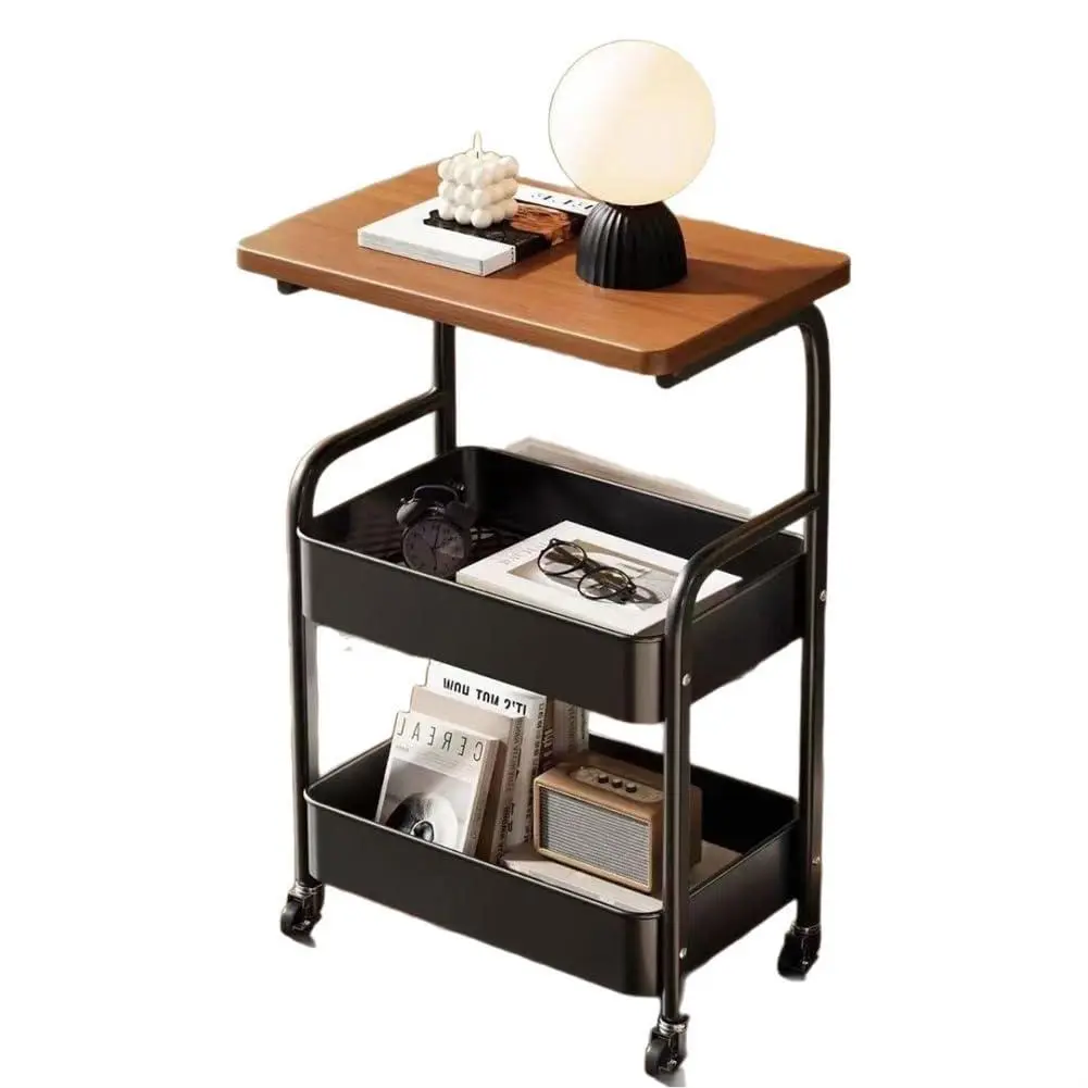 3-Tier Rolling Cart w/Wooden Tabletop, Utility Cart w/Lockable Wheels, Multipurpose Storage Organizer Trolley for Kitchen, Office, Bedroom, Sturdy Metal Frame for Small Spaces, Easy Assembly