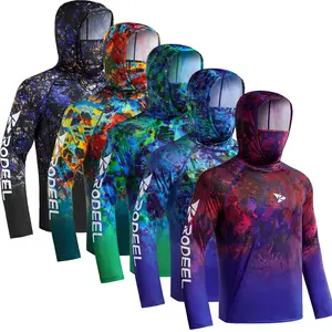 【RODEEL】915 Sun Hoodie Shirts w/ Mask Neck Gaiter Men UPF 50+ UV Protection Long Sleeve Lightweight Quick Dry Moisture Wicking Breathable Cooling Athletic Activewear for Outdoor Sport Fishing Boating Hiking Cycling Roofing Construction Tree Service