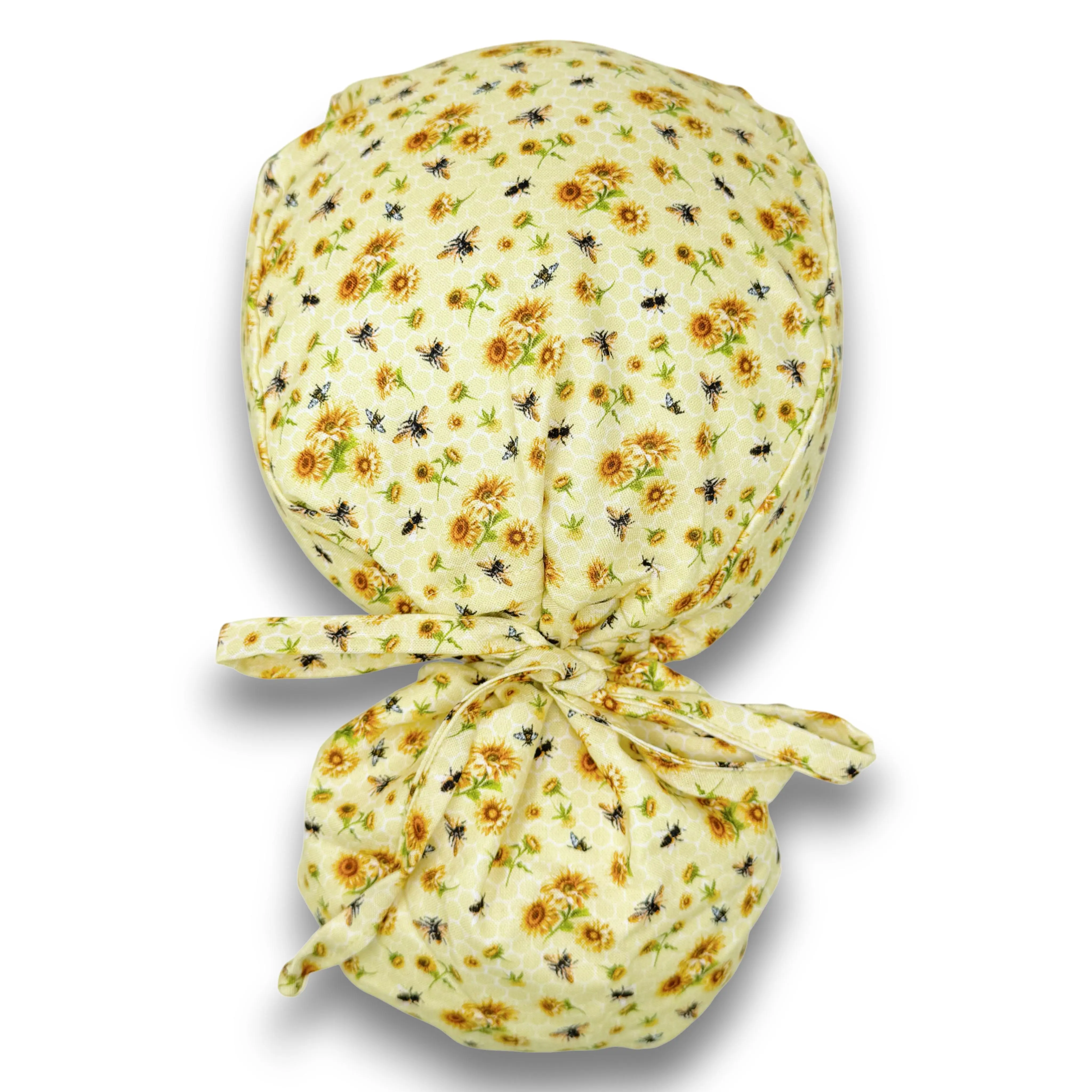 Bee And Sunflower Bouquets Ponytail scrub cap for women with satin lined option by Paradise Caps.