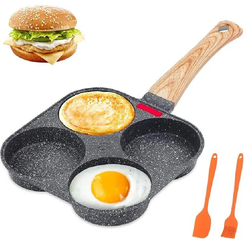 4-Hole Non-Stick Egg Frying Pan with Wooden Handle – Easy Breakfast Skillet for Omelets, Pancakes & More|   Multifunctional Kitchen Gadget Must-Have