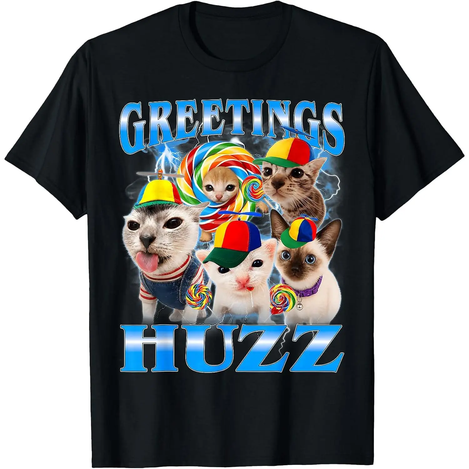 100% Cotton Greetings Huzz Funny Lollipop Cat Meme T-Shirt