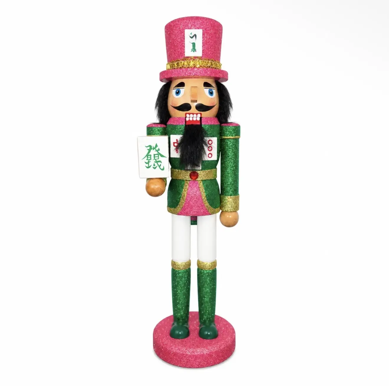 Nutcracker Figure with Pink Hat and Green Uniform, Featuring Chinese Characters and a Pink Base, Ideal for Festive Decorations