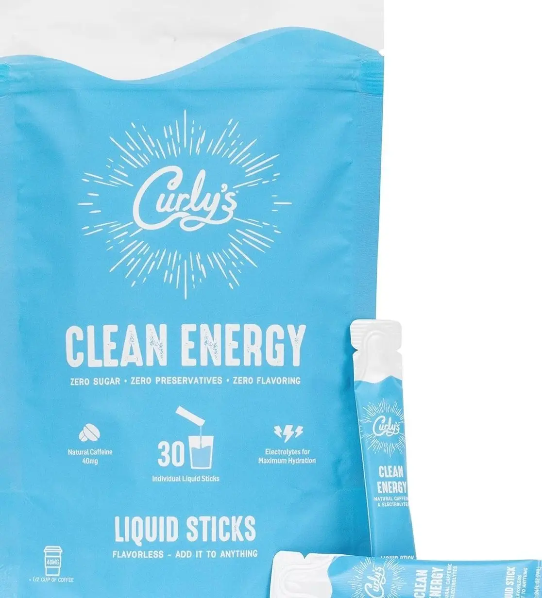 Curly's Clean Energy Caffeine & Electrolyte Sticks - Energize Your Favorite Drink - Keto, Paleo & Whole 30 Friendly - All Natural - No Sugar, No Calories, Non-GMO - 30 Flavorless Liquid Stick Packs