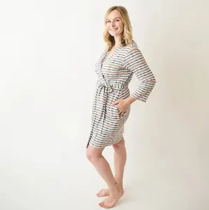 Bestaroo Tye Dye Navy Stripe Mama Robe - Super Soft Modal, 3/4 Sleeve Mid Length, Pockets & Inside Ties, Pregnancy & Postpartum, Sizes S-XXL
