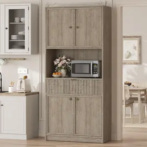 Garvee Tall Kitchen Pantry Cabinet, 70" Pantry Storage Cabinet with Countertop, Fluted Kitchen Hutch Cabinets with Doors and Drawer, Freestanding Cupboard for Dining Room, Living Room (Gray)