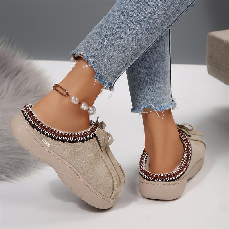 Women's Winter Warm Fuzzy Slippers Bow Accent Slip-On Thick Sole Versatile Indoor Outdoor Shoes