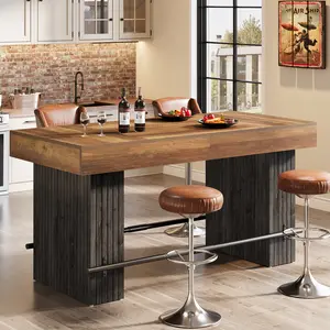 LITTLE TREE 63 Inch Bar Table, Industrial Counter Height Pub Dining Table, Rectangular Home Bar Units with Metal Footrest for Home Kitchen, Dining Room, Bistro