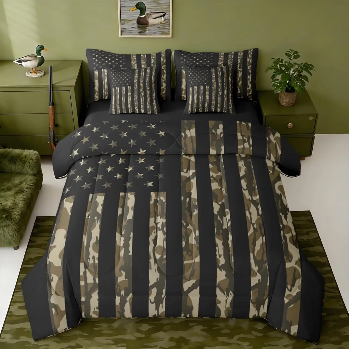 American Flag Camouflage 7 Piece Bedding Set,Camo Hunting Comforter Set with Sheets,Pillowcases & Cushion Cover Western Farmhouse Bed in a Bag Microfiber Wild Animal