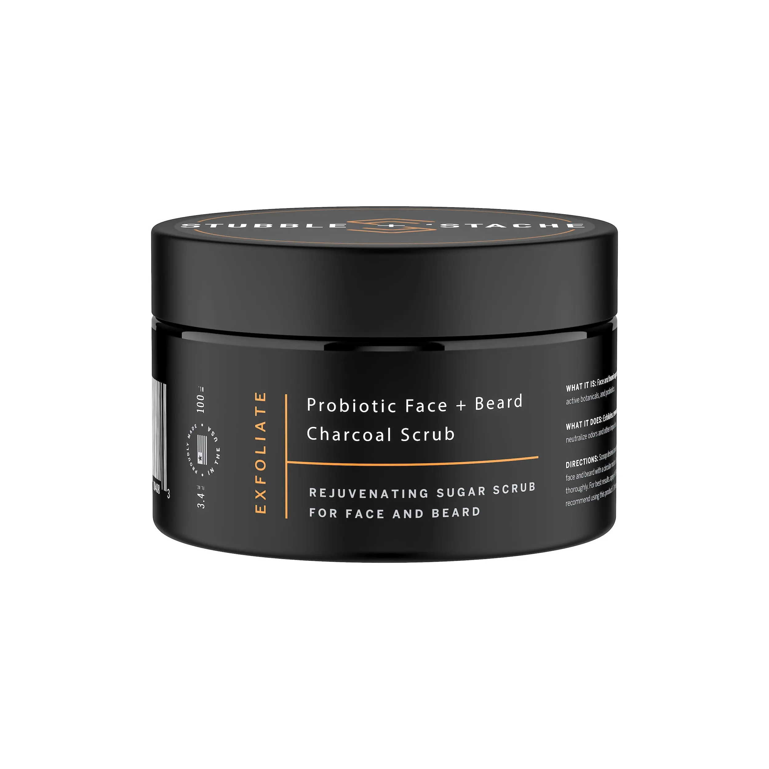 Exfoliate: Face + Beard Charcoal Sugar Scrub with Organic Aloe, Probiotics and Niacinamide – Gentle face scrub designed to exfoliate and renew both the face and facial hair. Beard care made simple