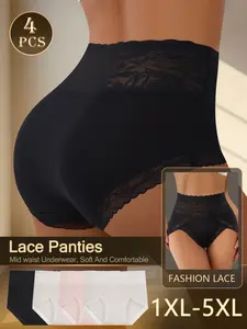 4 Pcs Women's Plus Size High-Waisted Underwear - Tummy Control & Butt Lifting Lace Trim Triangle Panties, Full Coverage Breathable Comfort Fit Shaping Underwear for Everyday & Special Occasions, Elegant & Casual Shapewear Elegance (Black) Womenswear