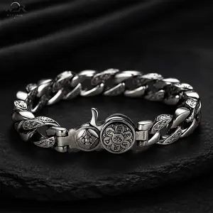 Silver Chain Bracelet Men Engraved Curb Chain Bracelet with Unique Clasp Stainless Steel Bracelet for Men Stylish Chain Jewelry Gift