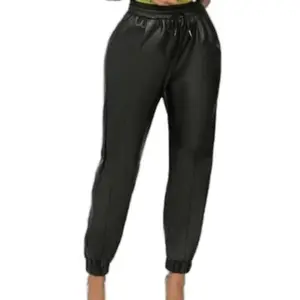 Leather Joggers - High-Quality Faux Leather Women's Pants with Drawstring Waist and Cuffed Hem