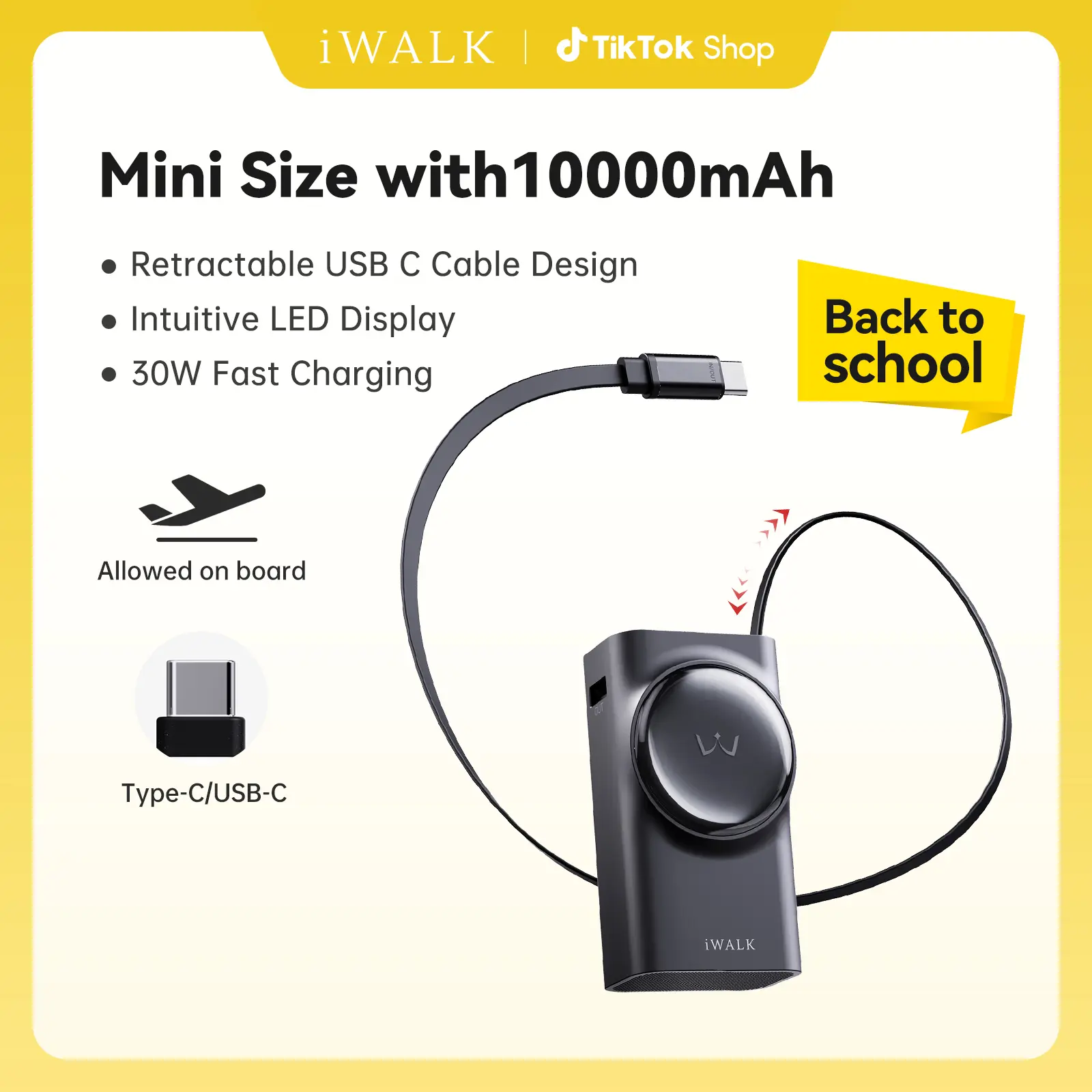 iWALK LinkPod Reel 10000mAh Compact Black Power Bank - 30W PD Fast Charging, 2.3ft Retractable USB-C Cable, 3 Outputs, Adjustable, Bi-Directional, for Mobile Phones, Smartphones, MacBooks & Devices, Outdoor Use, Back to School,back to school haul