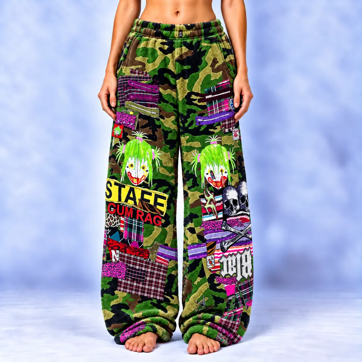 Green Camo Punk Fuzzy Pajama Pants, Grunge Patchwork Fleece Lounge Pants for Women, Y2K Alternative Aesthetic Sleepwear, Skull Graphic Cozy PJ Bottoms, Oversized Fuzzy Pants