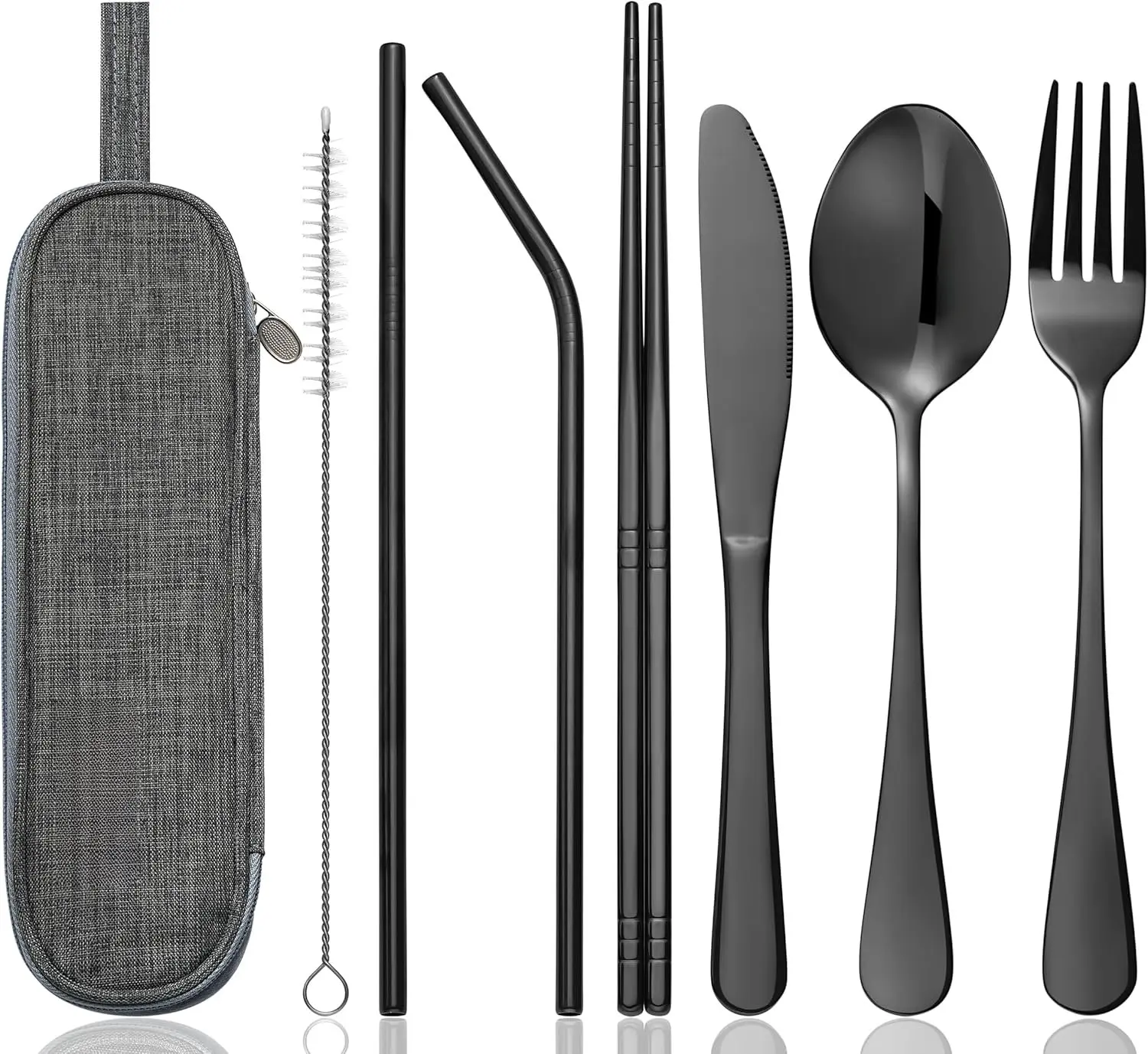 8-  Stainless Steel Travel Cutlery Set with Case - Fork, Spoon.Chopsticks, Straw & Brush-Portable Utensils for School, College Dorm, Lunchbox,Camping -  ldea (Black)