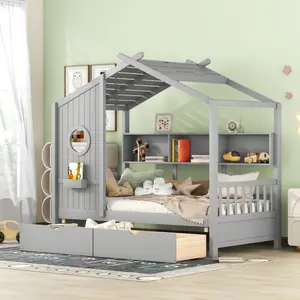 【Bellemave】Wooden Twin/ Full  Size House Bed with 2 Drawers,Kids Bed with Storage Shelf, Gray(Old SKU: HL000051AAE)