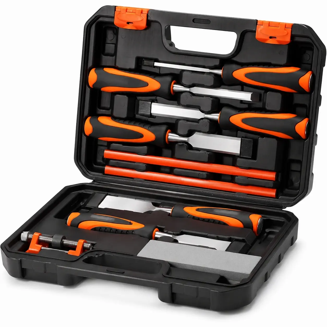 10pcs Premium Wood Chisel Set, 6pcs Wood Chisel with 1 Honing Guide, 1 Sharpening Stone and 2 Carpenter Pencils, Heat-Treated Cr-V Alloy Blades