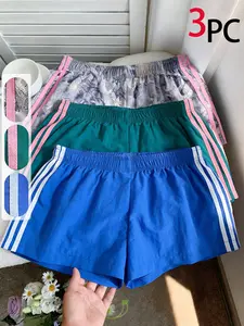 Trendy Comfortable 3-Piece Women's Casual Loose Fit Short Pants, Side Stripe Design, Elastic Waist, Perfect for Spring Summer Carnival Activities