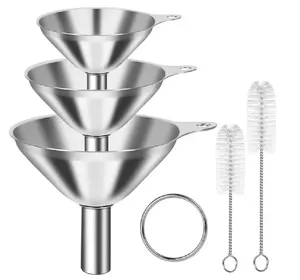 3PC Stainless Steel Kitchen Funnels Set with 2 Cleaning Brushes | Food Grade No Spill Oil, Water & Liquid Transfer Funnel Set