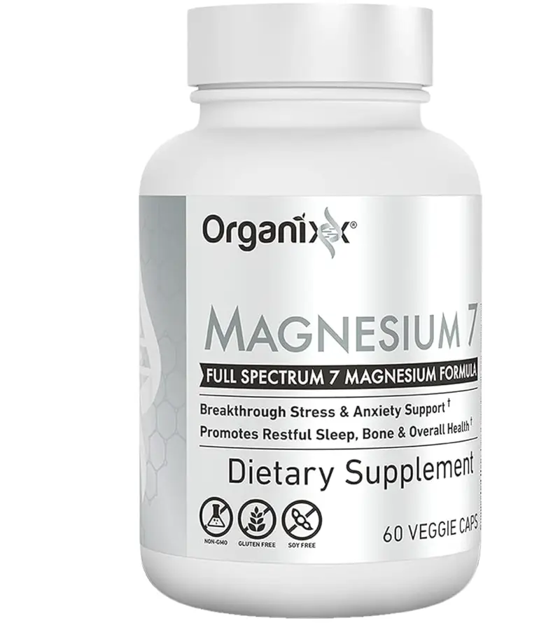 Organixx Magnesium 7, High Absorption Magnesium Capsules, 60 Count, Daily Natural Magnesium & Sleep Supplement with 7 Chelated Forms, with Vitamin B6 & Manganese Citrate, Vegan, Non-GMO, Made in USA Healthcare Fitness Dietary Green Vitamin Supplement