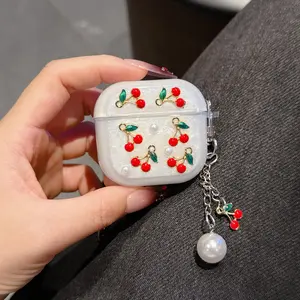 Cute Cherry Design Earphone Case with Lanyard, Decorative Earphone Protector Cover, Earphone Accessories, Headphone Accessories Compatible with AirPods