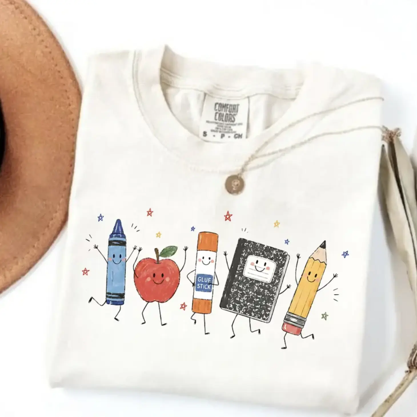 Comfort Colors Cute School Supplies Heritage Graphic Tee, Aesthetic Back To School Spirit Shirt, Radiant Teacher Crayon Apple Pencil Notebook Top, Thoughtful Classroom Sublimation Gift Boutique Heritage Apparel