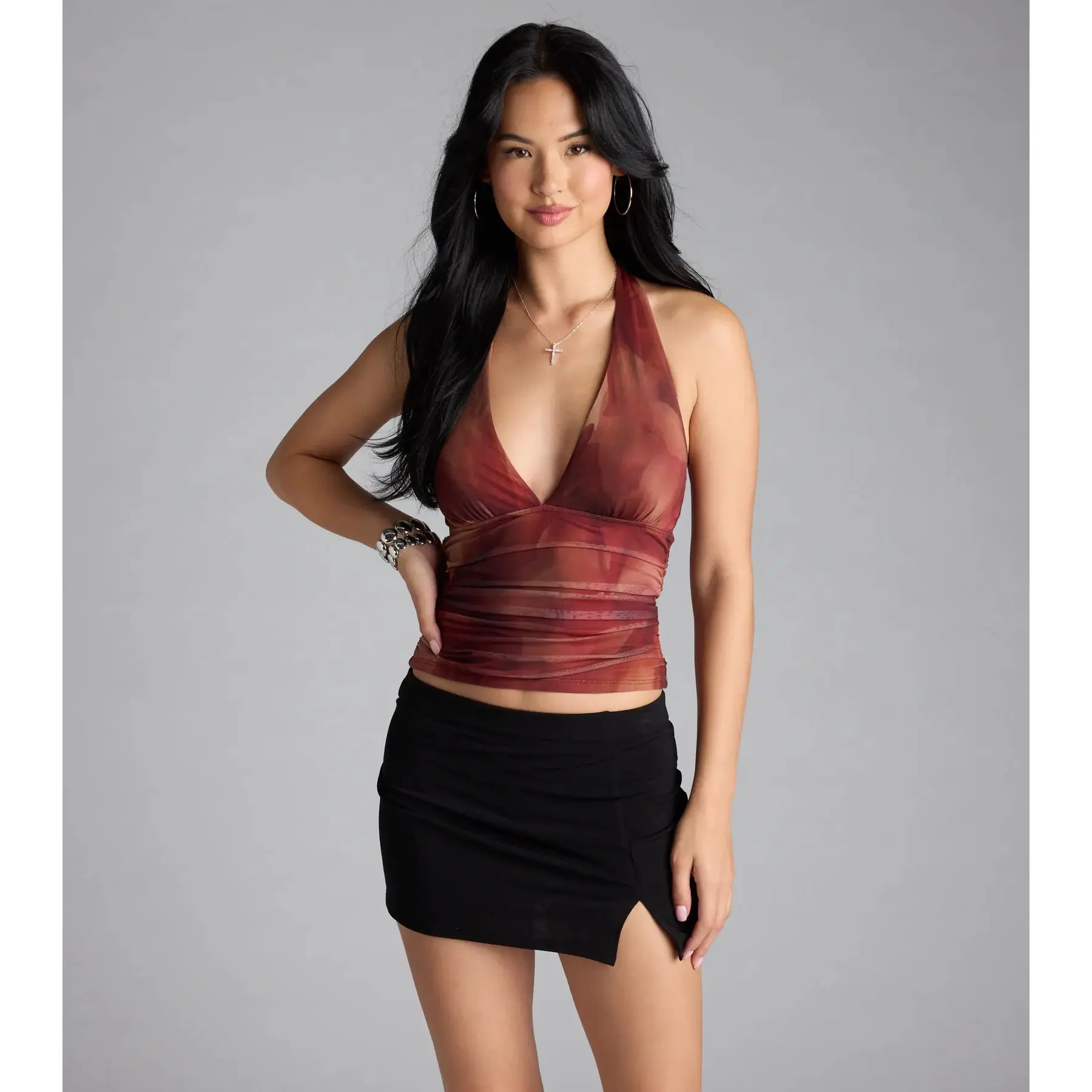 In My Dreams Plunge Halter Abstract Crop Top