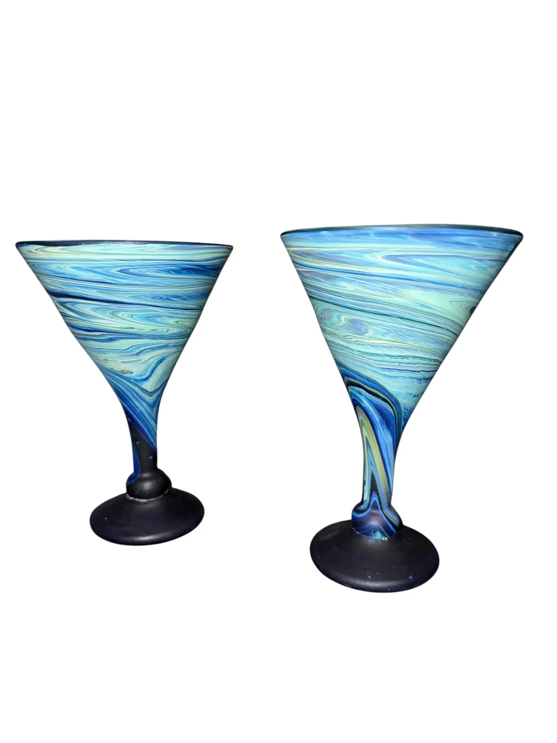 Handmade Phoenician Glass Glasses Blue Swirl Cocktail Stemware Pair of Artisan Cups with Ocean Swirl Pattern and Tapered Silhouette for Stylish Drinkware