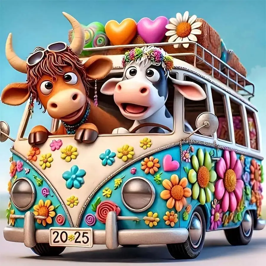 5D DIY Full Rhinestone Round Diamond Painting Kits - Diamond Art Kit Cartoon Cow, Vintage Car, Colorful Flowers Mosaic, Canvas - DIY Decor Artwork, Home Wall Decor, Suitable for Halloween and Christmas, Birthday and Anniversary Gifts