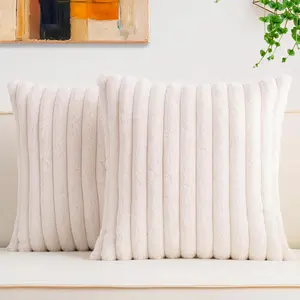 Pack of 2 18x18 Inch Faux Fur Christmas Throw Pillow Covers Soft Plush Striped Neutral Couch Pillow Cover with Velvet Back Modern Home Decor for Sofa Living Room Bed Cream White