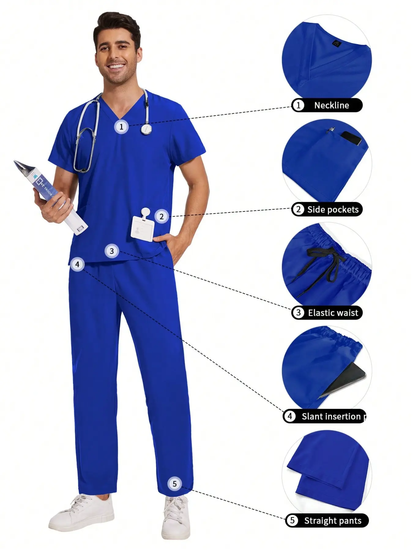 Men's Professional Workwear Set, Salon Male Technician SPA Uniform, Lab Style V-Neck Top with Pants, Fashion Pet Care Work Clothes