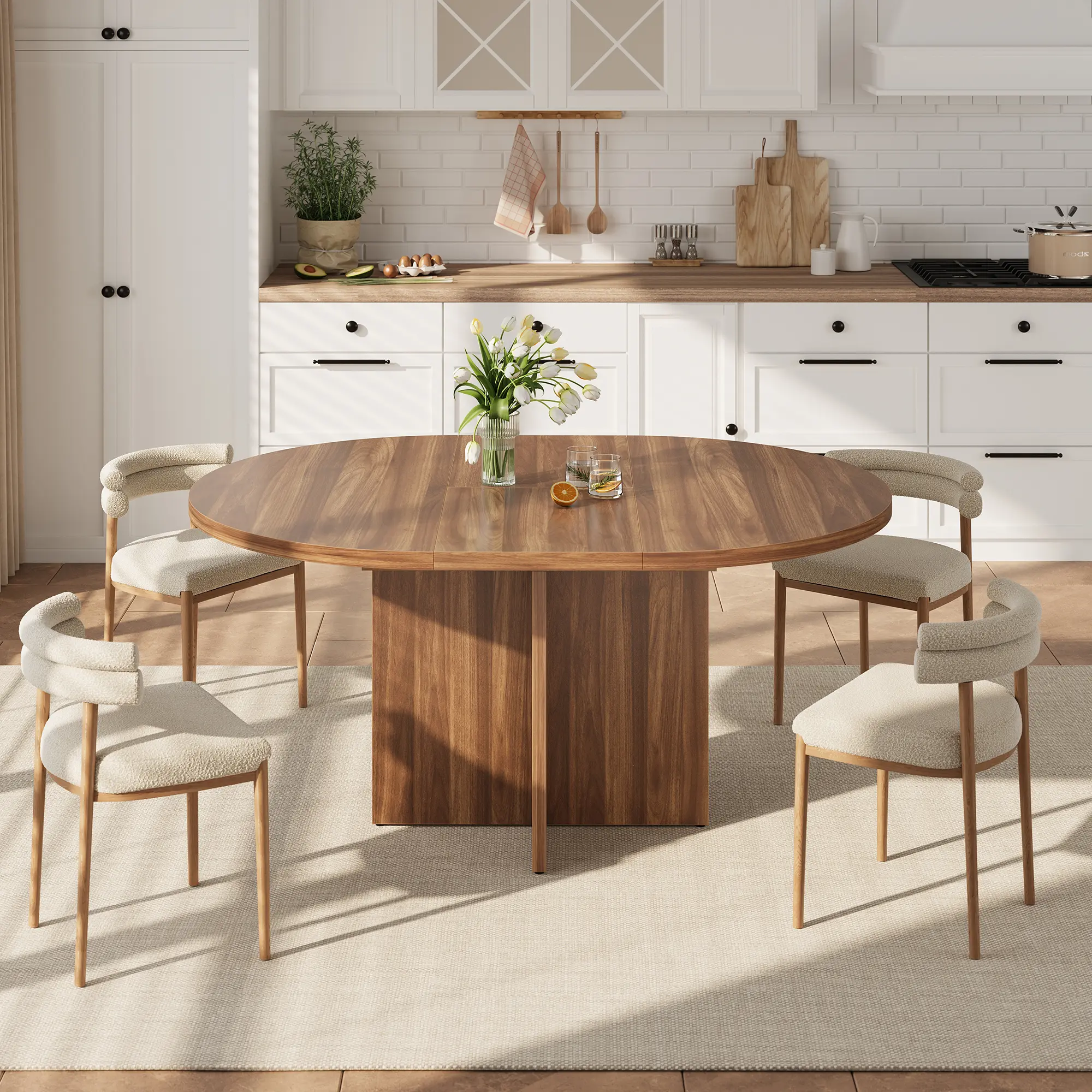 Space-Saving Extendable Round Dining Table, Modern Black Wood Grain, Removable Leaf & Cross Wood Base, Ideal for Dining Living Room
