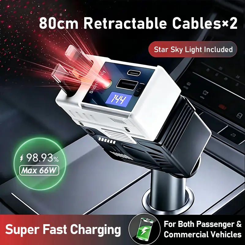 66W PD Fast Charging Supported 4-in-1 Mecha Multiport Car Charger, 80cm Retractable Lightning & Type-C Cables, Starlight Projection Light, LED Voltage Display, 4-Device Simultaneous Charging, Universal Car-Truck Plug, Multiport Charger