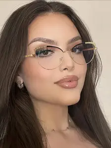 1Pc Women’s Luxury Metal Cat Eye Glasses – Rhinestone Decor, Anti-Blue Light for Work & Reading