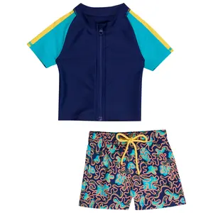 Boys Short Sleeve Zipper Rash Guard and Swim Trunk Set | "Deep Dive"