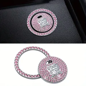 1pc Diamond studded button ignition start stickers Car Interior Decorative, car interior accessories, universal pink diamonds car engine ignition start stop button decoration ring crystal switch cover stickers