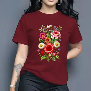Women's Vibrant Floral Bouquet Graphic Tee Artistic And Colorful Short Sleeve Top For Garden Parties Casual Outings And Fashion - Forward Style Statements