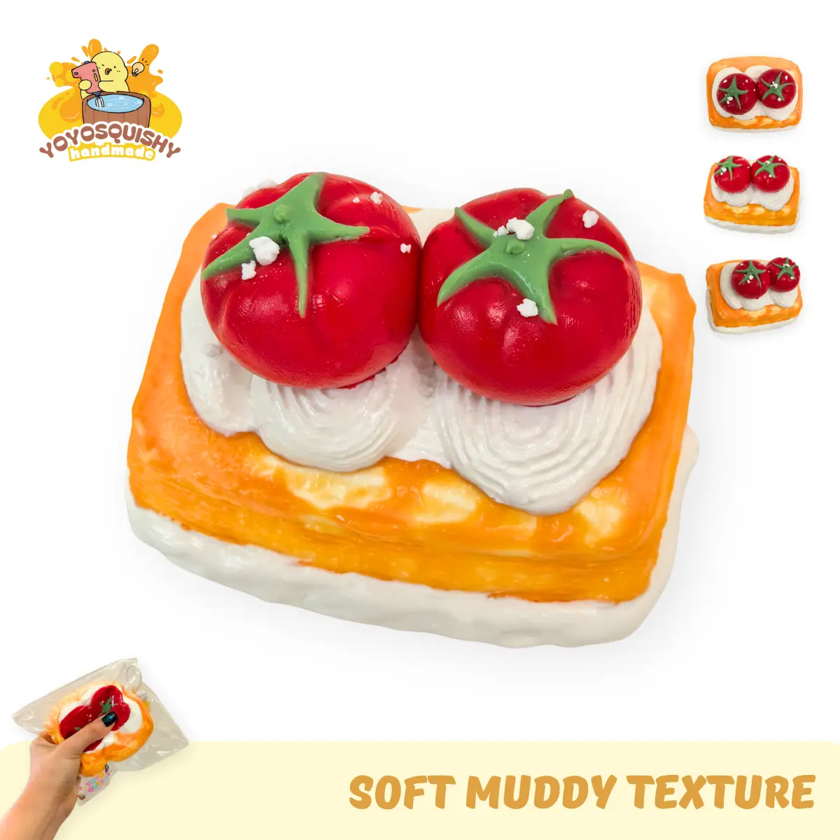 YOYOSQUISHY Tomato Cream Bread Handmade Squishy Ball - Food-Grade Silicone, Soft Muddy Texture, Hand-Painted, Gift-Ready Box, Sensory Friendly - Squeeze Stress Relief, Tactile Fidget Toy, Anxiety Relief Gift