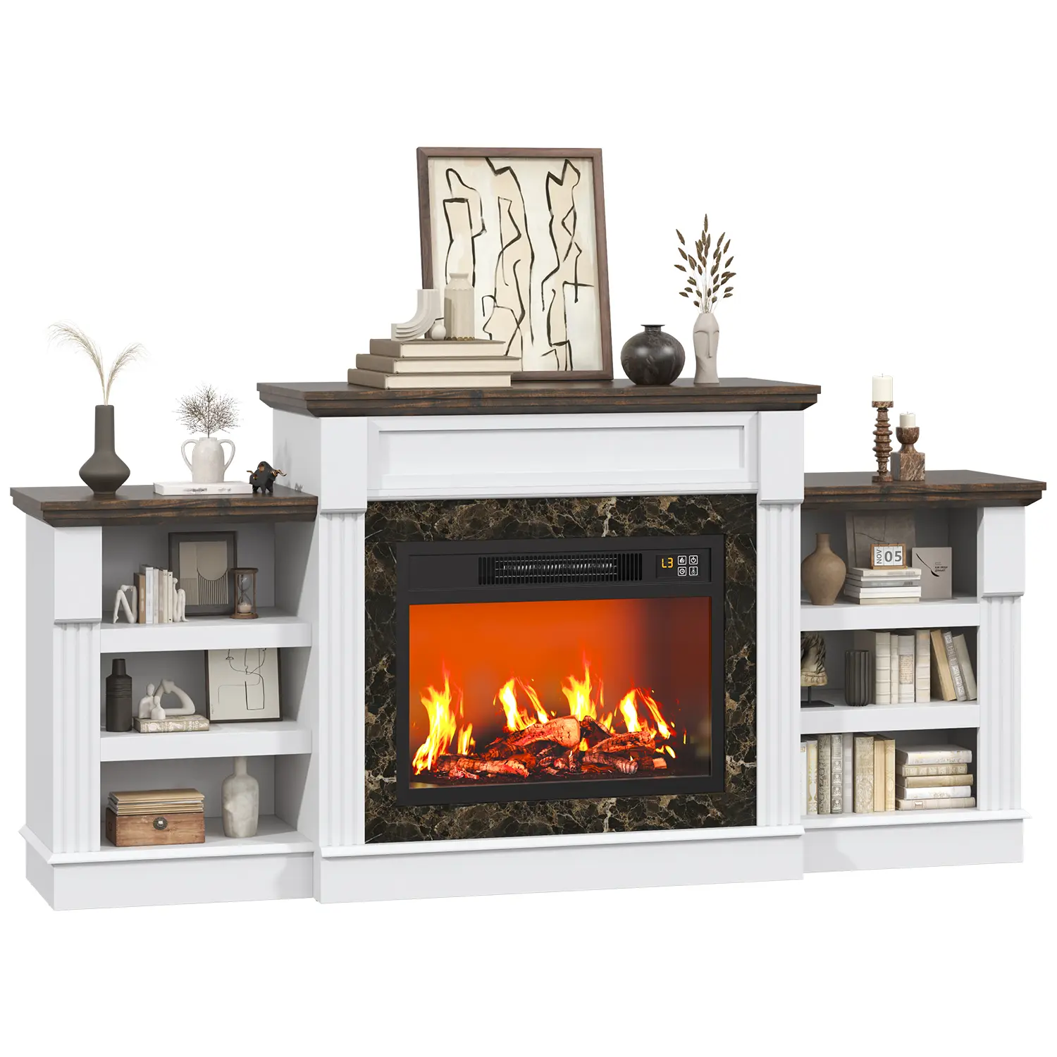 72'' Fireplace TV Stand with 23'' Electric Fireplace, Farmhouse TV Stand for 75 80 Inch TV, Entertainment Center TV Console with Black Marble Design, for Living Room, White
