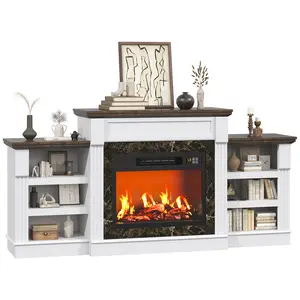 72'' Fireplace TV Stand with 23'' Electric Fireplace, Farmhouse TV Stand for 75 80 Inch TV, Entertainment Center TV Console with Black Marble Design, for Living Room, White