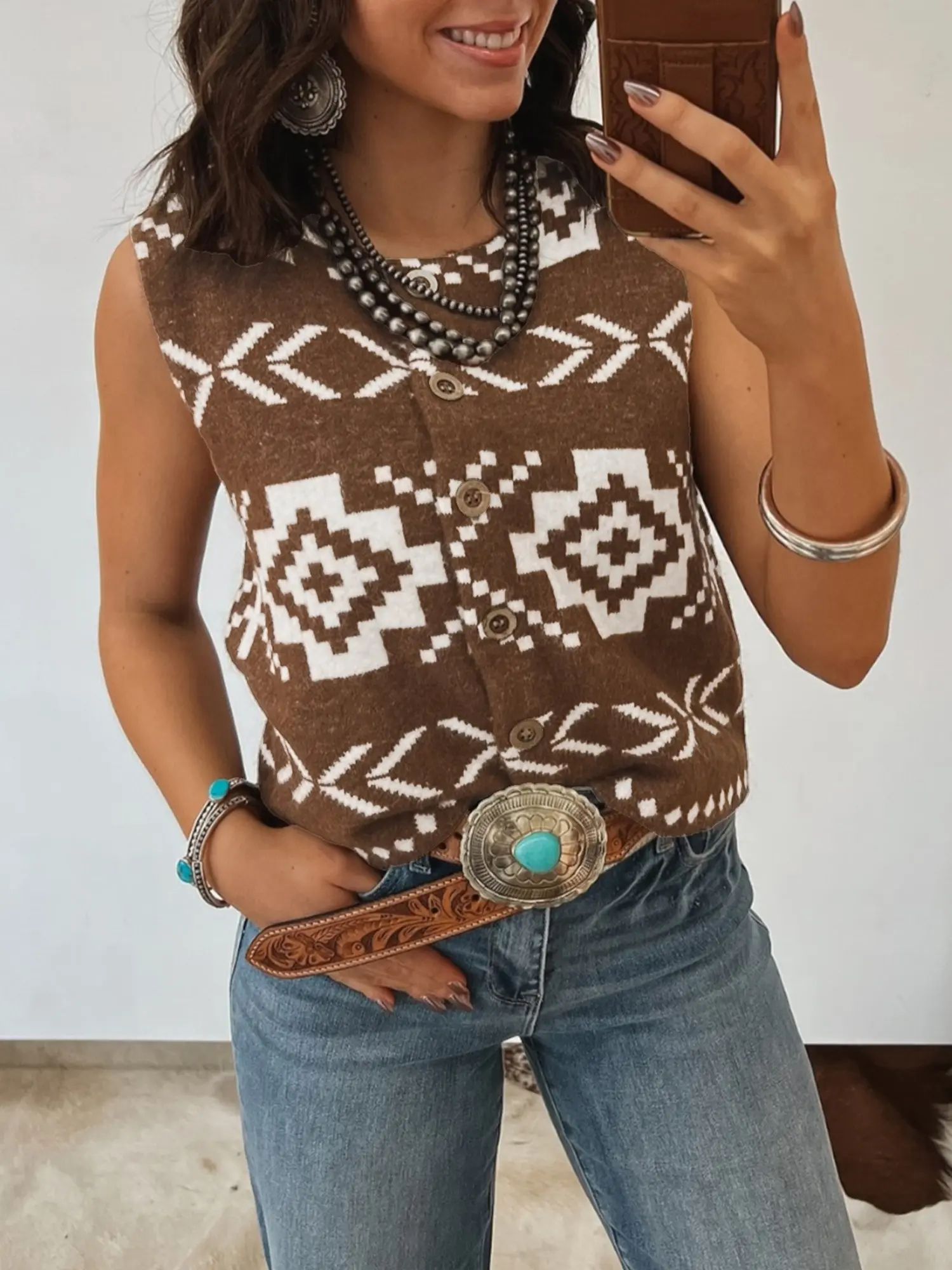 Southwestern Aztec Button Square Neck Sweater Vest,   Perfect for Autumn Tutings, Beach Trips, Or Casual School Days.