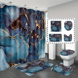 1pc/4pcs, bathroom curtains shower, bathroom set, shower curtains, bathroom rug, home decoration, Bathroom Decoration Accessories, bathroom mat, blue marble pattern, simple and luxurious theme decoration, with 12 hooks