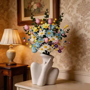 Style Easter Decoration Set, Macaron Color Eggs Realistic Flowers + Art Face Vase, Living Room Entry Dining Centerpiece