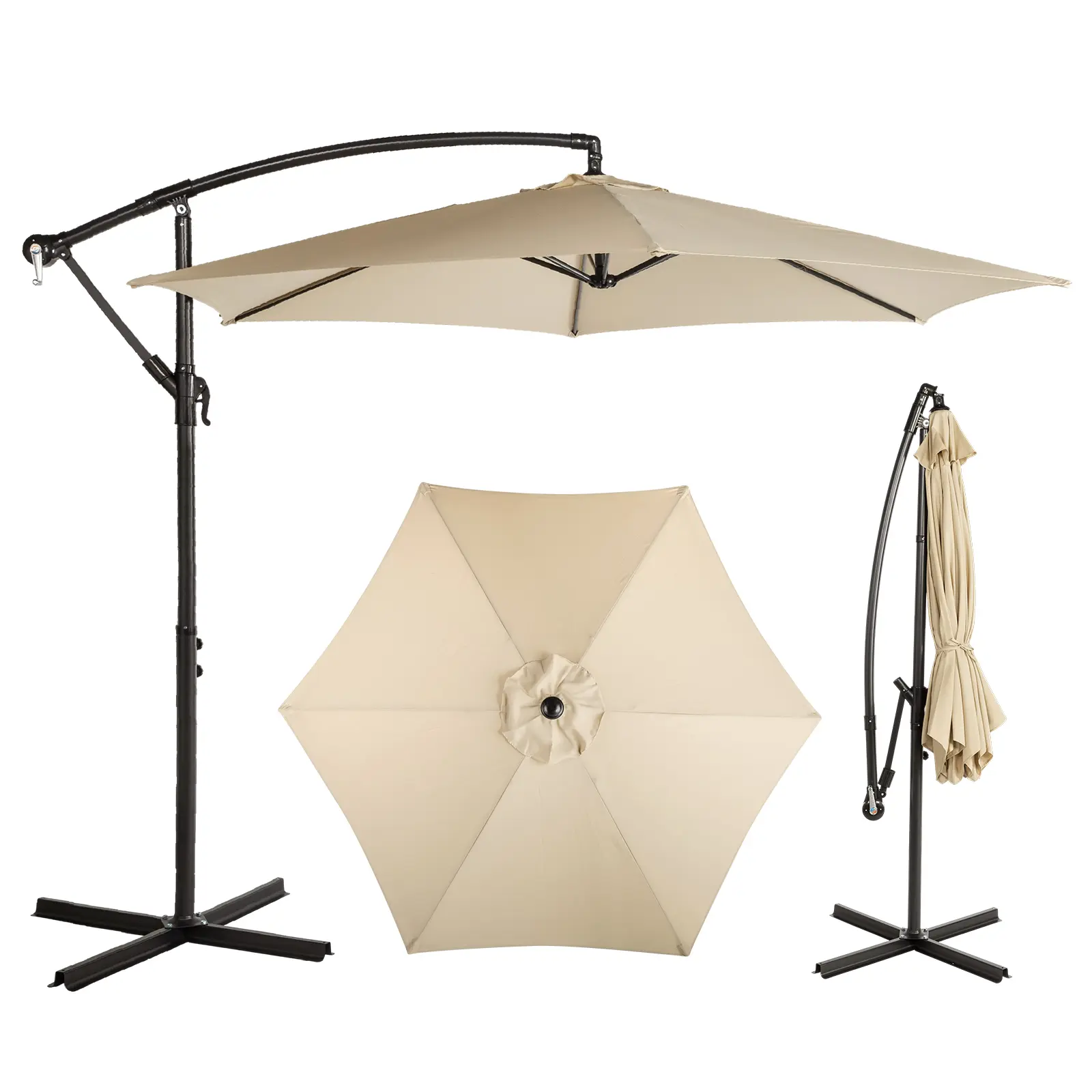 10FT Round Offset Patio Umbrella, Banana Hanging Cantilever Umbrella with 60° Adjustable Angle, Crank System, Cross Base & Pole Sleeve, UPF 50+ Waterproof Polyester Canopy, 6 Iron Ribs for Garden Deck Backyard, Khaki, Umbrellas For Patio, Garden Decor