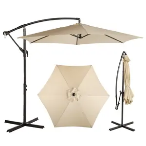 10FT Round Offset Patio Umbrella, Banana Hanging Cantilever Umbrella with 60° Adjustable Angle, Crank System, Cross Base & Pole Sleeve, UPF 50+ Waterproof Polyester Canopy, 6 Iron Ribs for Garden Deck Backyard, Khaki