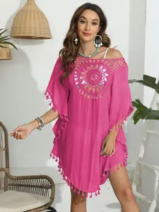 Women's Fringe Hollow Out Asymmetrical Neck Cover Up, Boho Style Half Sleeve Breathable Crochet Material Cover Up For Beach Vacation Holiday for Women, Ladies Summer Clothing