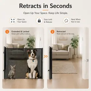 Heavy-Duty Retractable Pet Gate with Door - Drill-Free Installation, Foldable Design with Locking Mechanism, Suitable for Great Danes, Australian Shepherds and Kittens, Durable Fabric Construction, Ideal for Indoor/Outdoor(Model: DM415)